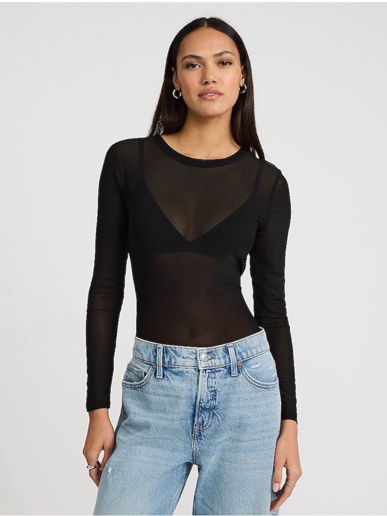 Express- Sheer Long-Sleeve Black Mesh Bodysuit - Women Size Medium Top Only Nwt